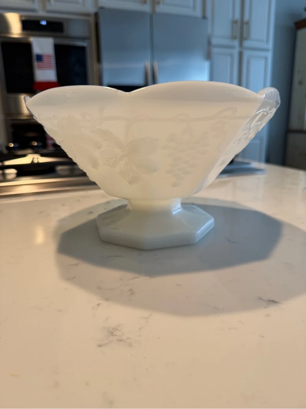 Vintage Milk Glass Paneled Grape Pedestal Compote Bowl Scalloped Rim